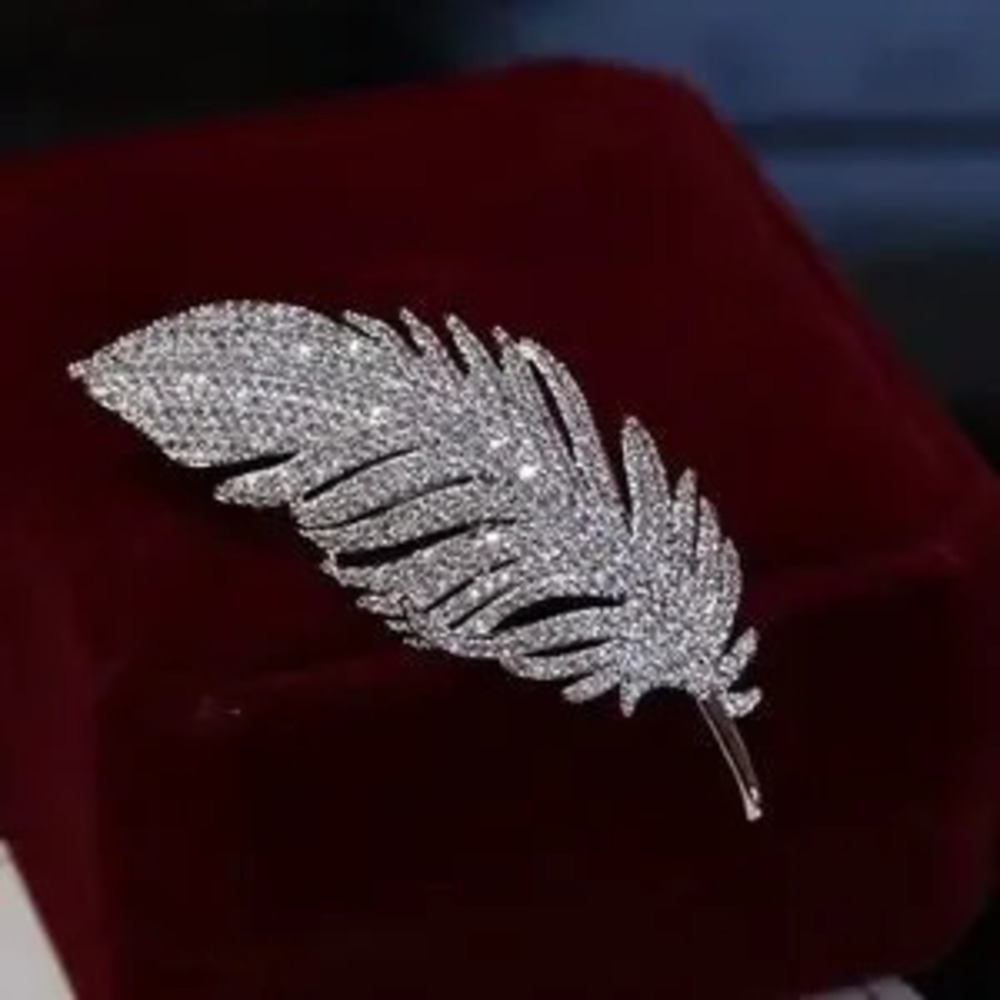 Rhinestone Silver Feather Brooch